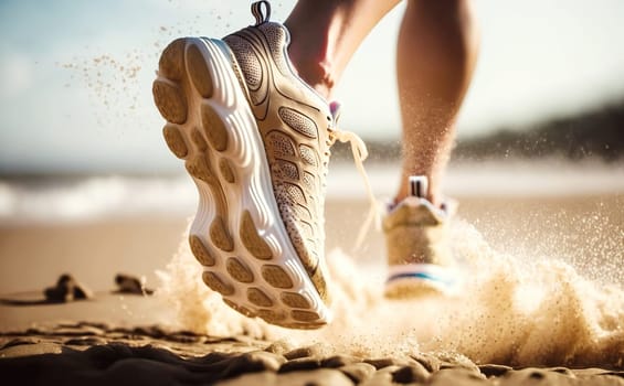 Athlete's foot in sneakers which starts to run. Sand flies under their shoes. Foot motion blur.