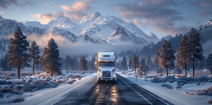 A motor vehicle, specifically a semi truck, is driving on an asphalt road covered in snow, with towering mountains in the background