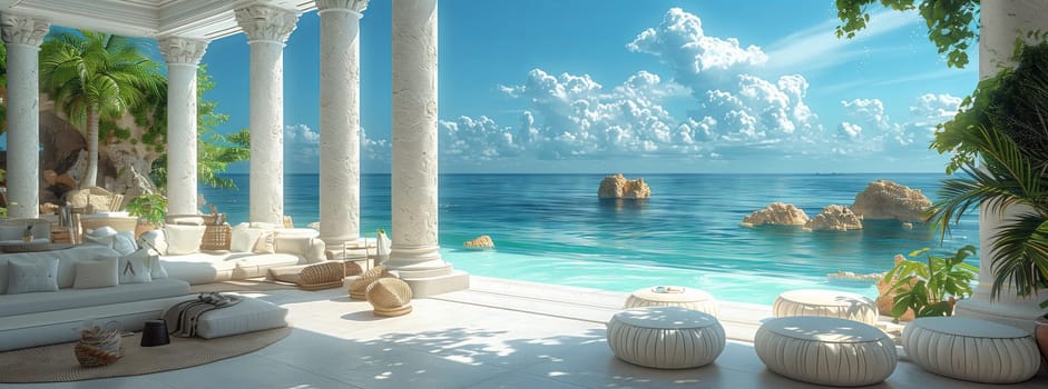 Captivating view of the azure water blending with the sky from the gazebo with elegant columns overlooking the fluid ocean. Perfect setting for a beach travel experience