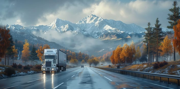 A vehicle is moving along the asphalt road, flanked by mountains with snowcapped peaks under a cloudy sky, creating a picturesque natural landscape