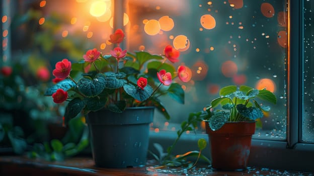 Two houseplants in flowerpots are placed on a windowsill in front of a window, adding tints and shades to the room