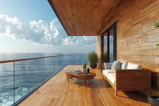 A balcony made of wood with a cozy couch and a table, offering stunning views of the ocean under the clear blue sky