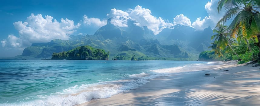 a tropical beach with palm trees and mountains in the background High quality