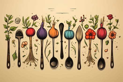Various spices in wooden spoons on a wooden background, spicy ground and chopped seasonings.