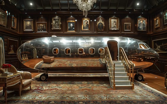 A massive aircraft is at the center of the room, dominating the space alongside a luxurious vehicle and intricate wood art pieces