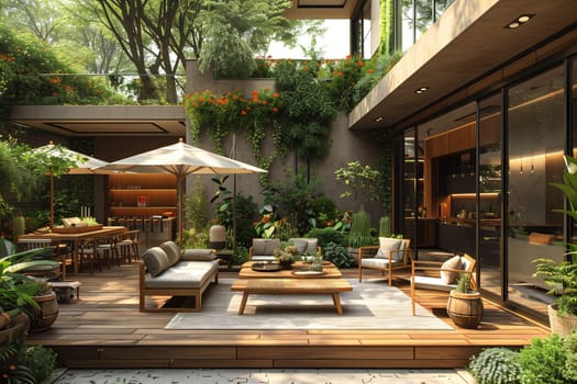 A landscaped patio with wooden furniture and umbrellas in front of a beautiful house, surrounded by lush trees and green grass