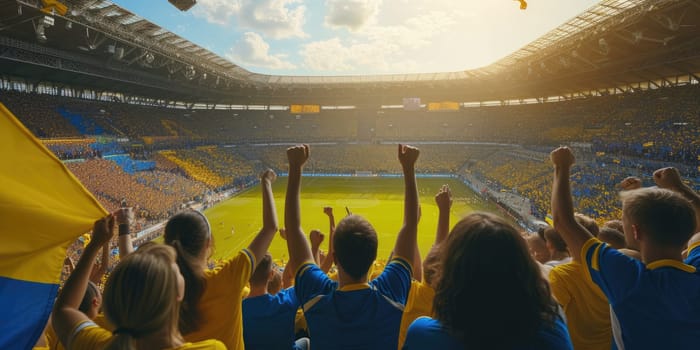 A fan wearing a yellow jersey exhibits a gesture of joy and excitement in a world stadium, enjoying leisure and fun while watching a team sport ball game. AIG41