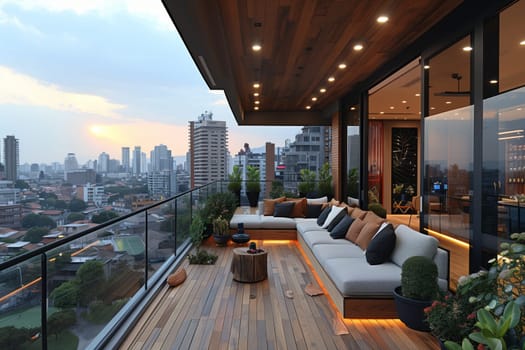 A wooden balcony with a cozy couch overlooking the cityscape. Enjoy the view of buildings, clouds, houses, and trees against the backdrop of the sky