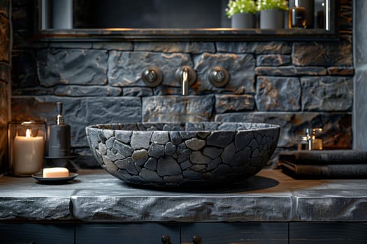 A stone sink adds a touch of luxury to the bathroom with a rustic brick wall. Enhance the space with a houseplant in a flowerpot and a water feature for a tranquil atmosphere