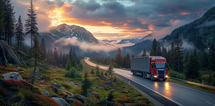 A semi truck is traveling down a mountain road at sunset, with the sky painted in hues of orange and pink, creating a stunning natural landscape