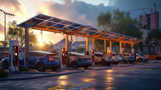 An aerial view of a car charging station in a parking lot, combining urban design, landscape, and sustainable transportation AIG41