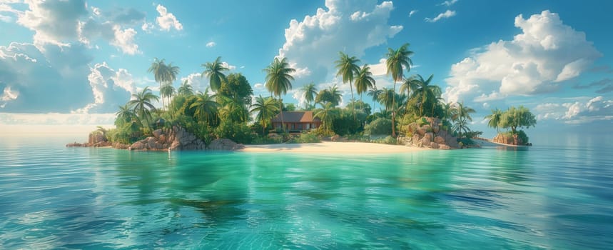 A tiny island, surrounded by water with lush trees and plants, sits peacefully in the middle of the vast ocean under a cloudy sky