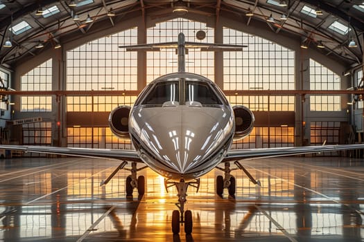 At sunset, a private jet from an aerospace manufacturer is parked in a hangar, showcasing the sleek design and composite materials used in its engineering