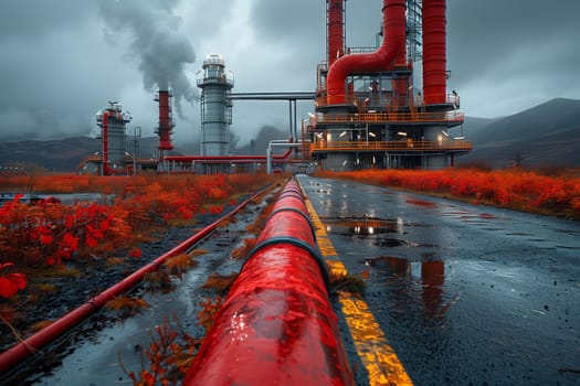 A red steel casing pipe is being transported along an asphalt road, passing by a factory under a cloudy sky. The infrastructure is supported by composite material, with gas and water pipelines inside