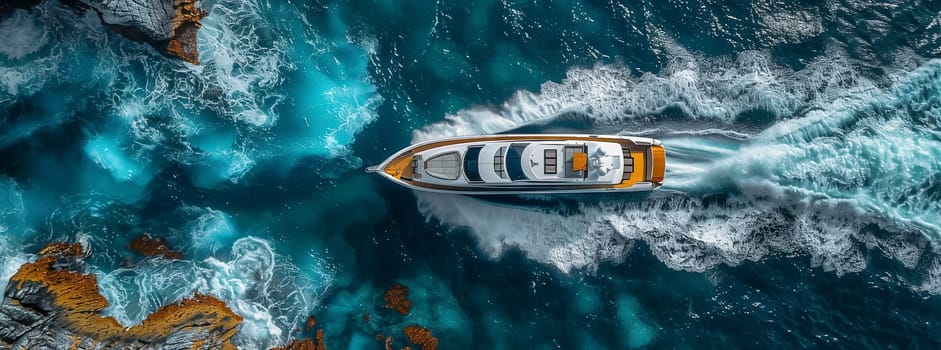 A magnificent aerial view of a watercraft gracefully floating on the glistening surface of the water, creating a stunning fusion of art and natural landscape