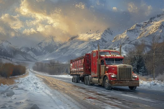 A red truck with black wheels is traveling down an asphalt road on a snowy mountain, surrounded by white clouds against a blue sky