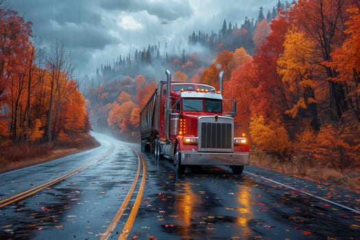 A motor vehicle is driving on an asphalt road surrounded by trees in a natural landscape under cloudy skies in a rainy ecoregion