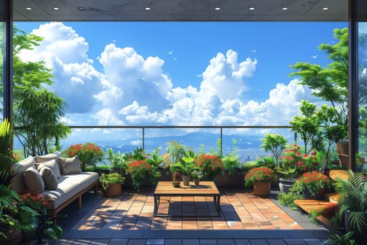 A balcony overlooking the ocean with a stunning view of the sky, water, and natural landscape. Trees, grass, and plants add to the peaceful leisurely atmosphere