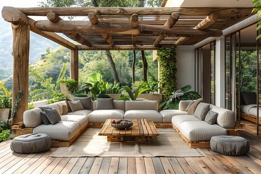 A wooden deck featuring a couch and a coffee table is situated beneath a pergola, providing shade and creating a cozy outdoor living space in the landscape
