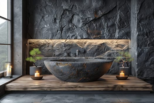A luxurious bathroom featuring a large rectangular stone bathtub, hardwood flooring, and a window overlooking a beautiful garden