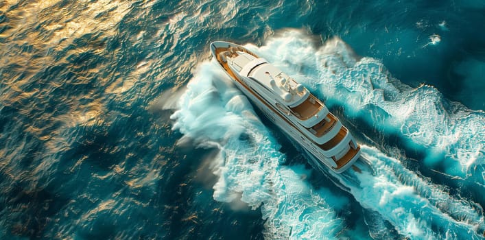 An aerial perspective of a boat sailing gracefully on a water body, showcasing the beauty of naval architecture and leisure on fluid surfaces