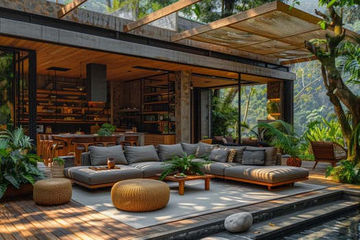 An inviting living room setup with a comfortable couch, table, and ottomans, surrounded by lush green grass, plants, and flowerpots in front of a beautiful residential building