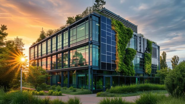 A building with solar panels, placed on a slope, against a sunset sky, creates an eco-friendly landscape. AIG41