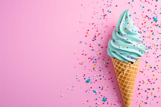 A blue ice cream cone with colorful sprinkles on a pink background, showcasing a sweet and fun dessert treat.