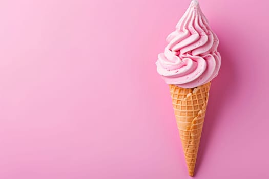 A vladimka ice cream cone with pink ice cream sitting on a pastel pink background.