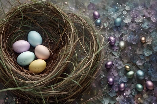 Easter card with painted colored eggs. Abstract background. AI generated image.