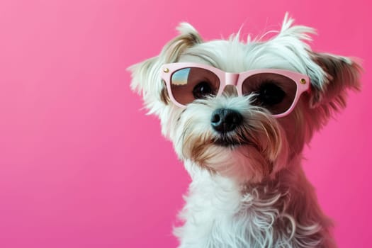 A small white dog wearing pink sunglasses poses against a pink background.
