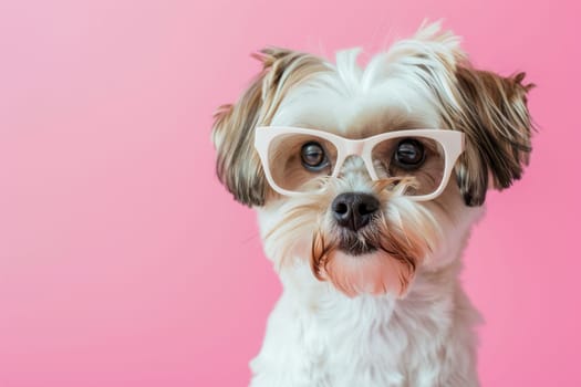 A small dog wearing glasses, posing on a vibrant pink background.