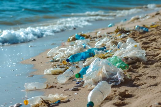 The image shows a beach covered in numerous plastic bottles and debris, highlighting the alarming issue of pollution in our oceans.