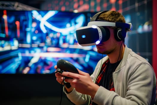 A man is seen wearing a pair of virtual reality glasses, engaged in a computer game.
