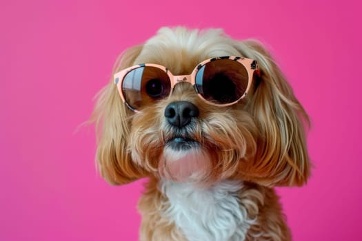 A photo of a small dog wearing sunglasses on a bright pink background, looking stylish and cute.