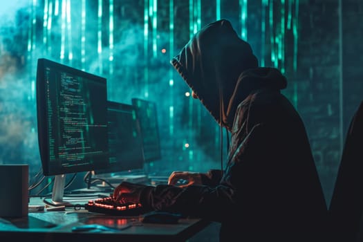 A person sitting at a desk, working diligently on a computer. The individuals face is hidden, focused on writing code on the screen.