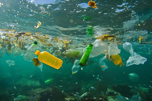 A group of plastic bottles floats in the ocean, contributing to marine pollution and endangering marine life.