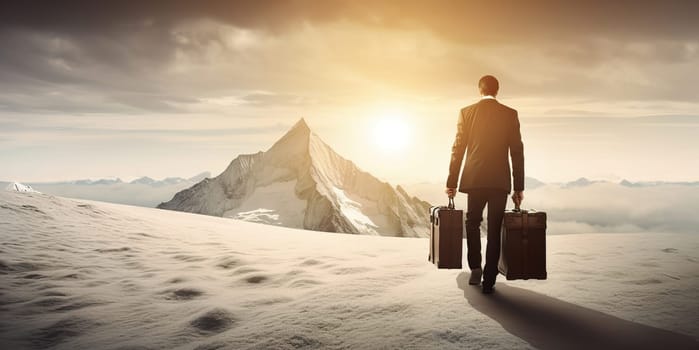 Rear view of businessman wearing formal suit and holding suitcase, standing on the snow mountain peak while looking at sky