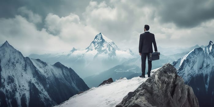 Rear view of businessman wearing formal suit and holding suitcase, standing on the snow mountain peak while looking at sky