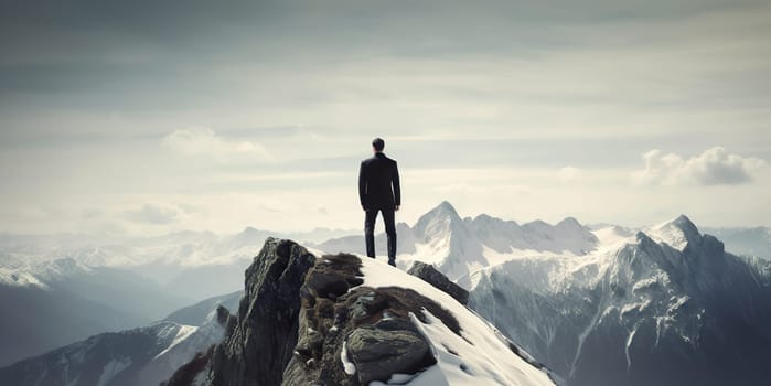 Rear view of businessman wearing formal suit and holding suitcase, standing on the snow mountain peak while looking at sky