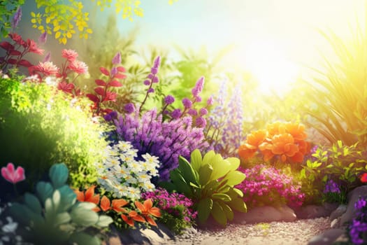 illustration of spring landscape with gardening tools, ai generative,