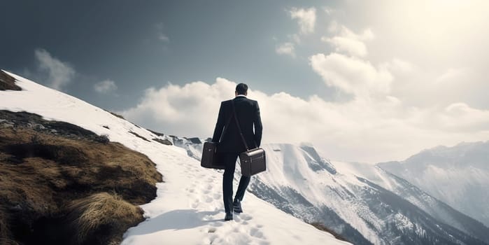 Rear view of businessman wearing formal suit and holding suitcase, standing on the snow mountain peak while looking at sky