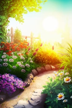 illustration of spring landscape with gardening tools, ai generative,