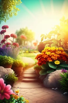 illustration of spring landscape with gardening tools, ai generative,