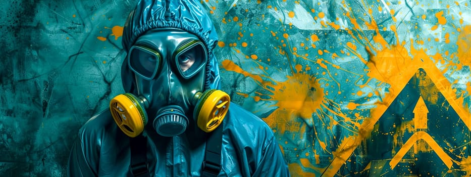 Person in Gas Mask Against Splattered Paint Hazard Symbol Background, copy space