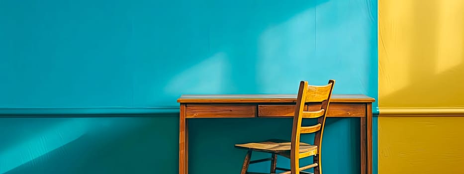 Wooden Desk and Chair Against Blue and Yellow Background, copy space