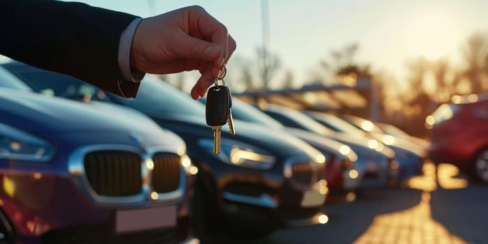 Hand holding car keys with dealership cars in background. Close-up shot in the evening light. Car purchase and ownership concept. Design for banner, advertisement, poster