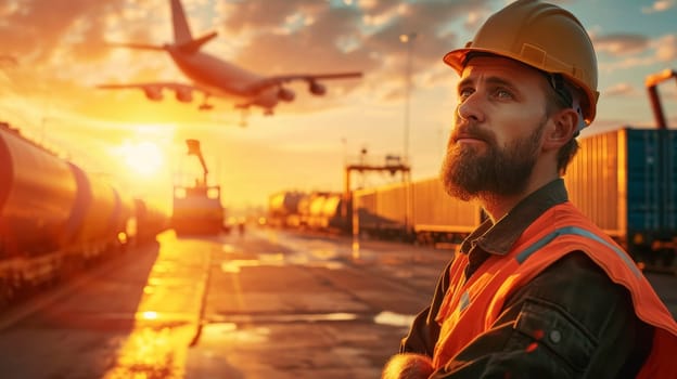 Construction worker in high visibility vest at industrial port during sunset. Industrial worker and aviation concept with cargo plane taking off in background for design and print