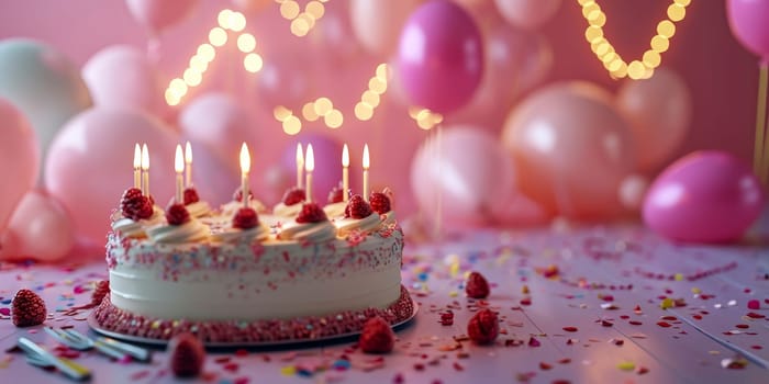 Birthday cake with lit candles, balloons, confetti in a festive setting