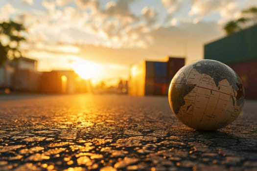 A small globe on an asphalt surface with the sun setting in the background